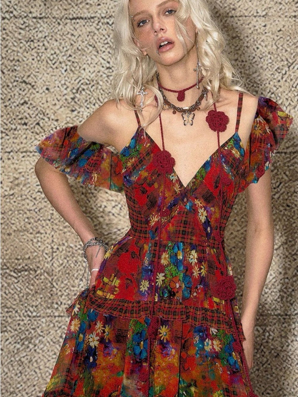 Floral Plaid Red Boho Maxi Dress with Spaghetti Straps nwt - Picture 4 of 10
